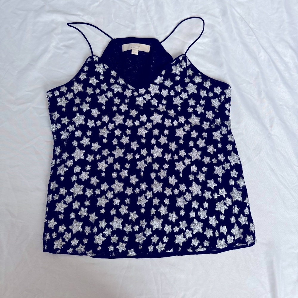 Loft Spaghetti Strap Halter Tank Top - Black and Metallic Silver Stars Size XS